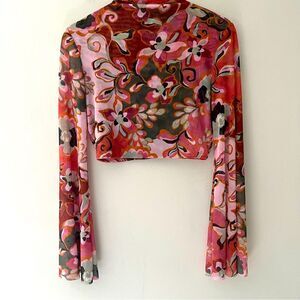 MISA NWT Mesh Top Cropped Mock Neck Blouse Floral Bell Sleeve Size XS Festival